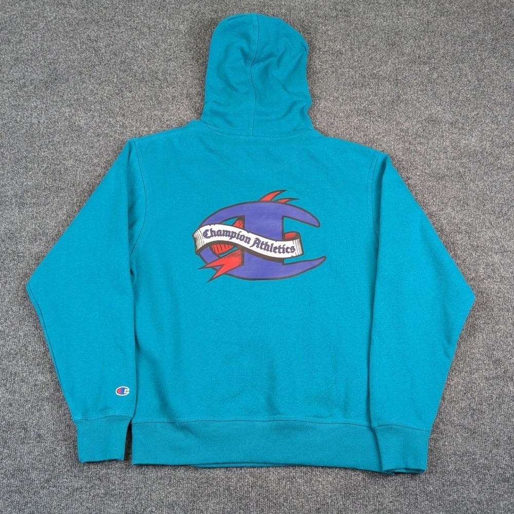 Champion Mens Hoodie Teal Blue Graphic Pullover Sweatshirt Medium GF89H - Picture 3 of 13